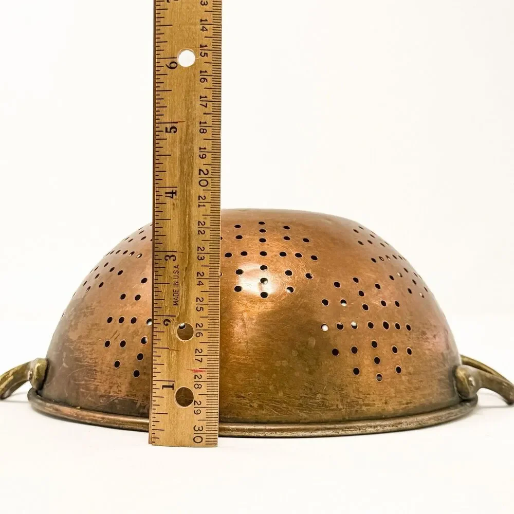 Vintage Copper Colander Brass Handles Farmhouse Kitchen Strainer Bowl Rustic
